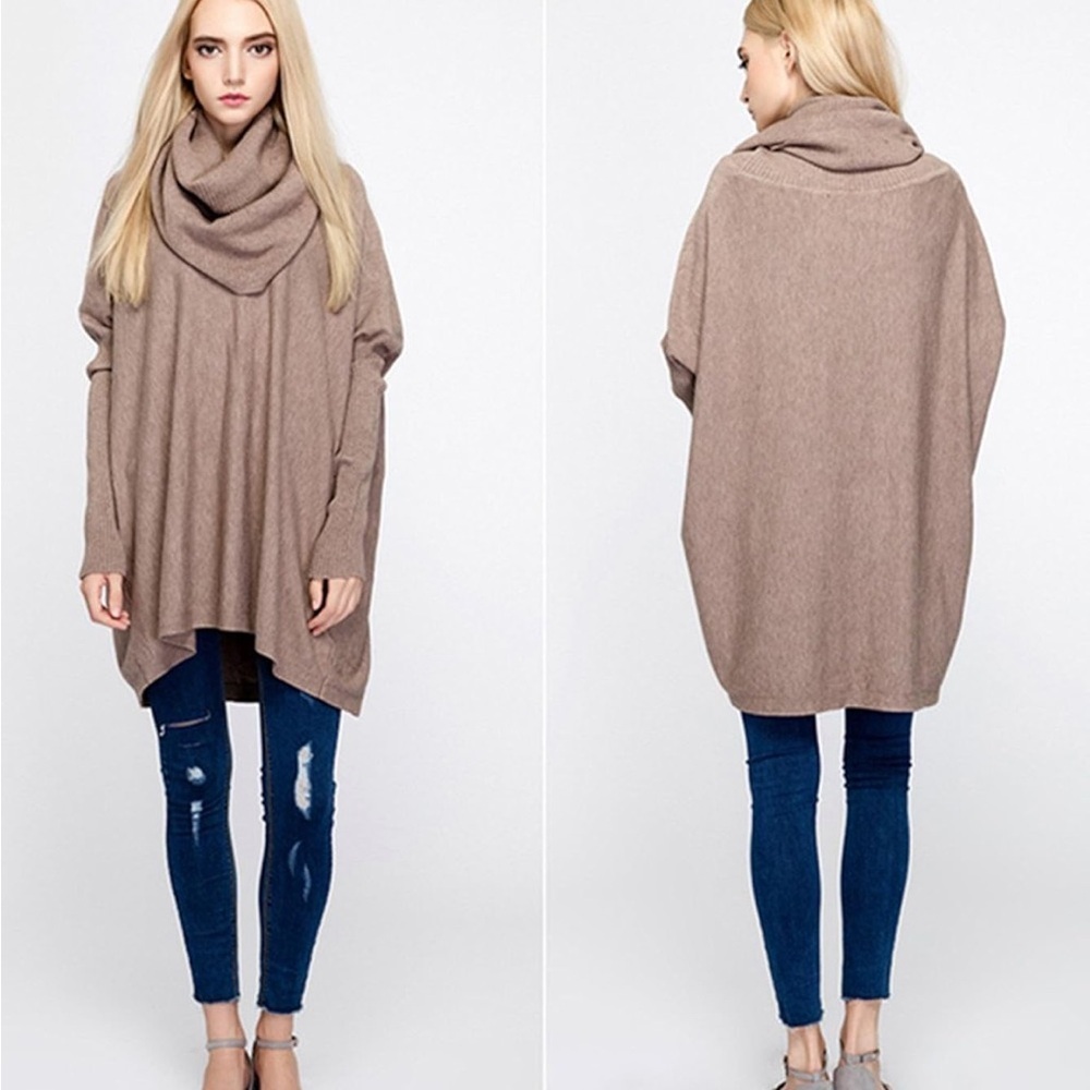 Womens Taupe Brown Oversized Cowl Neck Sweater Ribbed Sleeve Batwing Knit Tunic